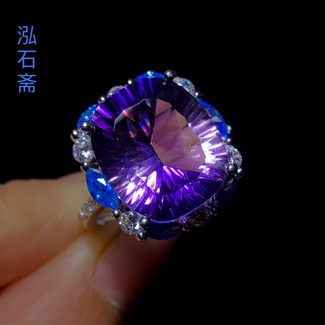 YY0156天然紫水晶公主方戒指s925银17mm玻璃体指环戒圈活口迪拜风