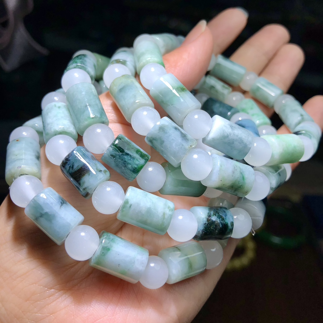 U454 天然A货翡翠手链飘花桶珠单圈手串约9mm缅甸翡翠男女款竹节