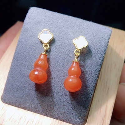 BB0900 天然南红玛瑙葫芦耳钉女s925银11/7mm耳坠红润冰透饱满