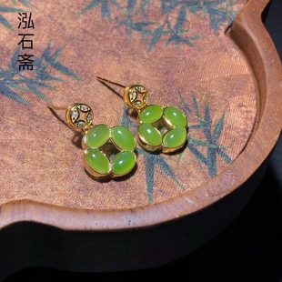 ZZ0198 天然和田玉碧玉耳钉s925银苹果绿11mm铜钱款女耳坠礼物