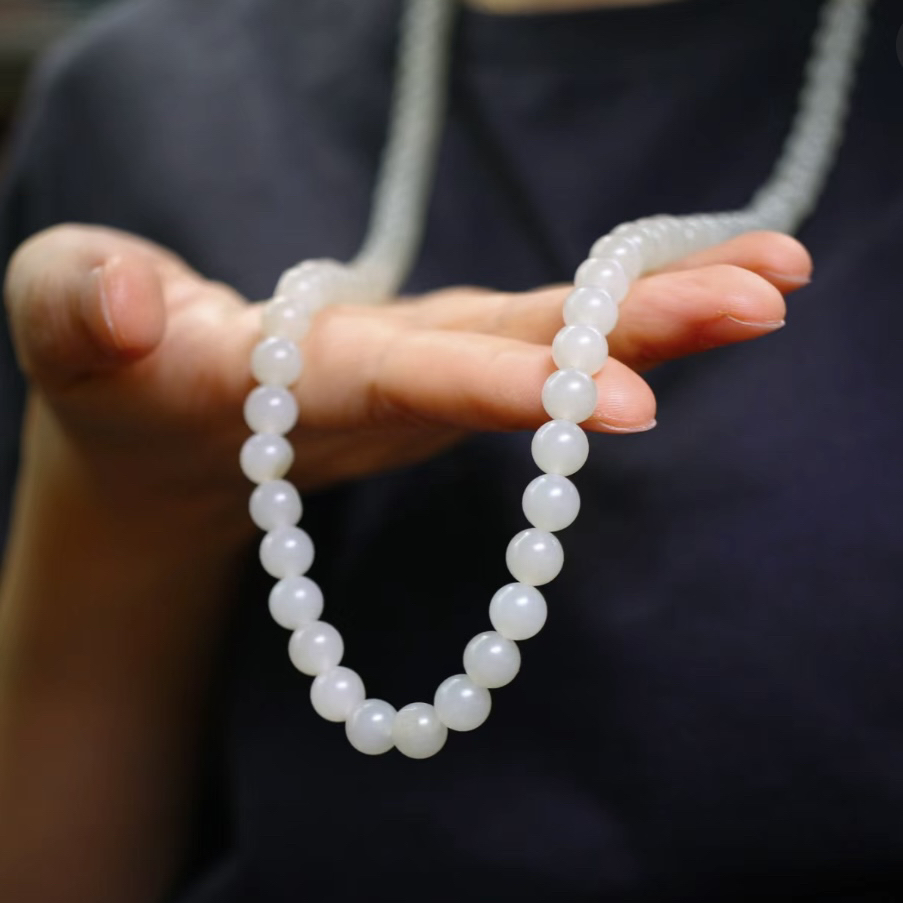 新疆天然和田玉手链多圈佛珠毛衣链满油膏羊脂白玉老料8mm 加银扣