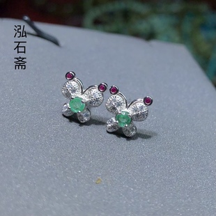 7mm女彩色宝石汉服耳坠 耳钉s925银8 ZZ0795 天然祖母绿蝴蝶结款