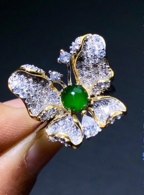 Z990 天然A货翡翠蝴蝶戒指帝王绿s925银活口指环防过敏19/17mm