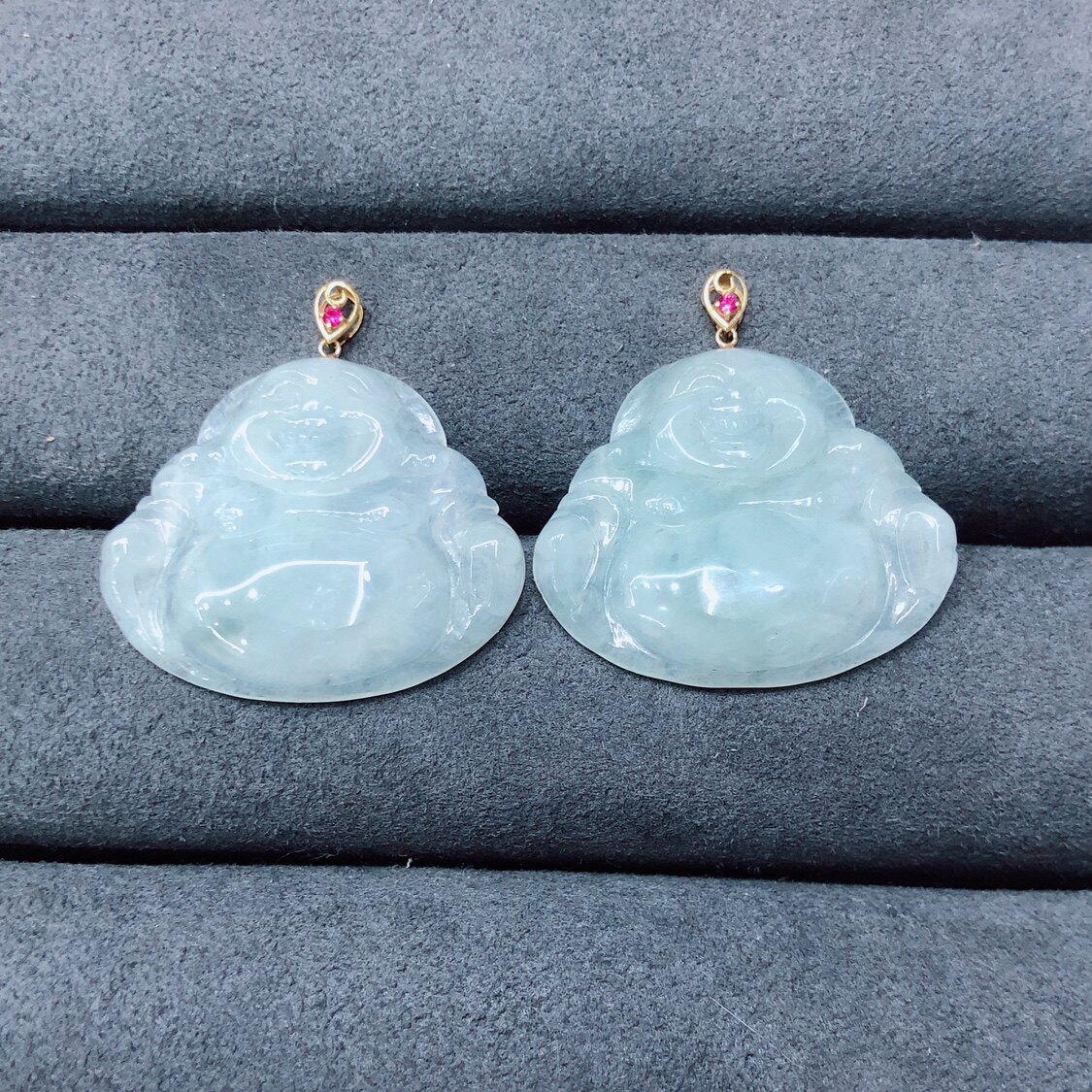 天然A货翡翠佛公18金k吊坠果绿色高冰翡翠真金挂坠大肚弥勒佛首饰