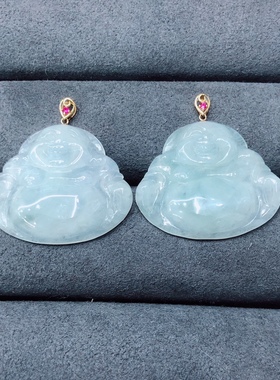 天然A货翡翠佛公18金k吊坠果绿色高冰翡翠真金挂坠大肚弥勒佛首饰