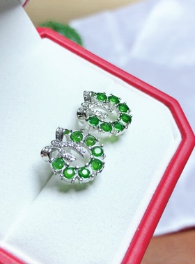 Y528 天然透辉石耳钉925银蝴蝶结马蹄款 公主款12/13mm