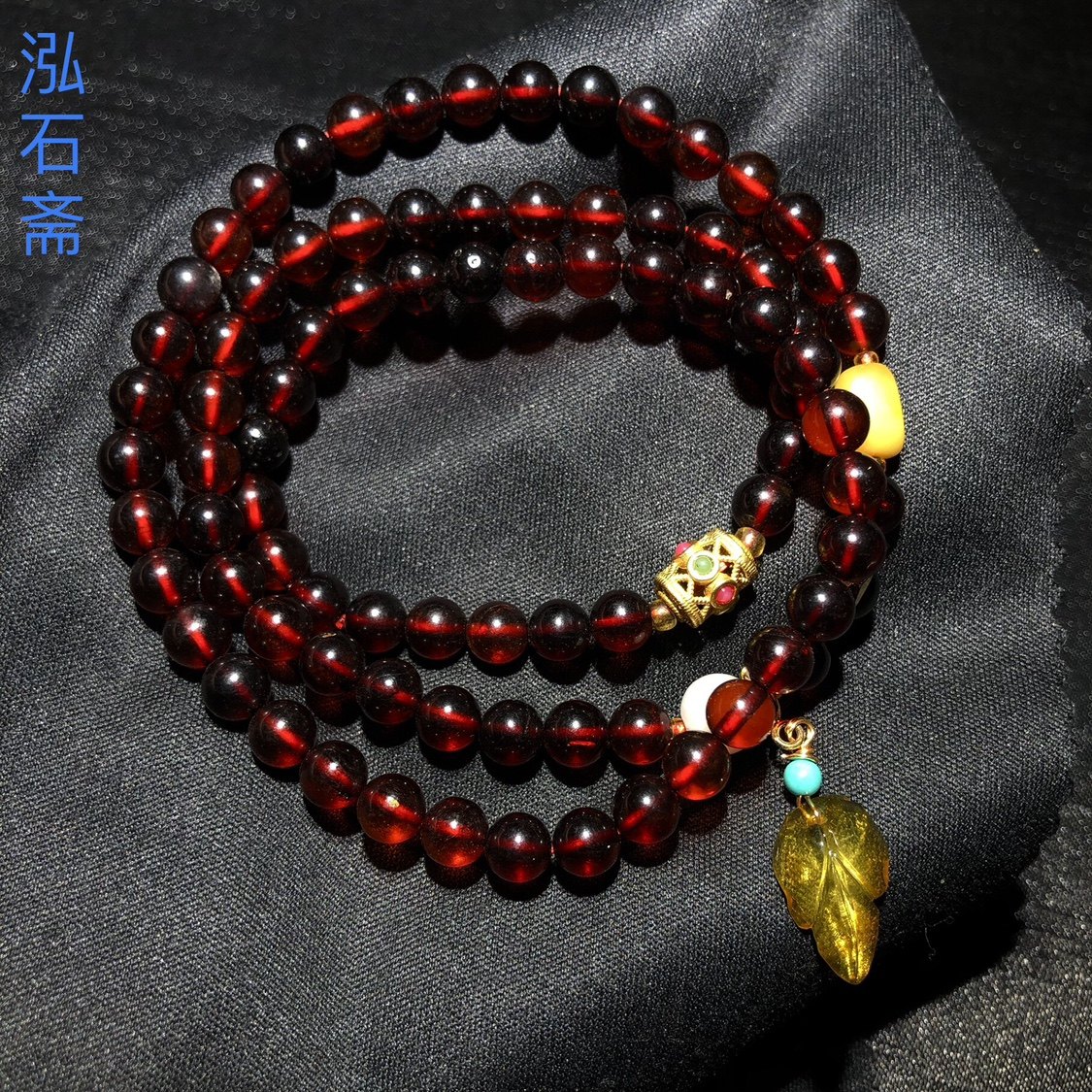 HH0118 天然血珀三圈手链串净水琥珀多圈蜜蜡叶子款黄蜜6mm