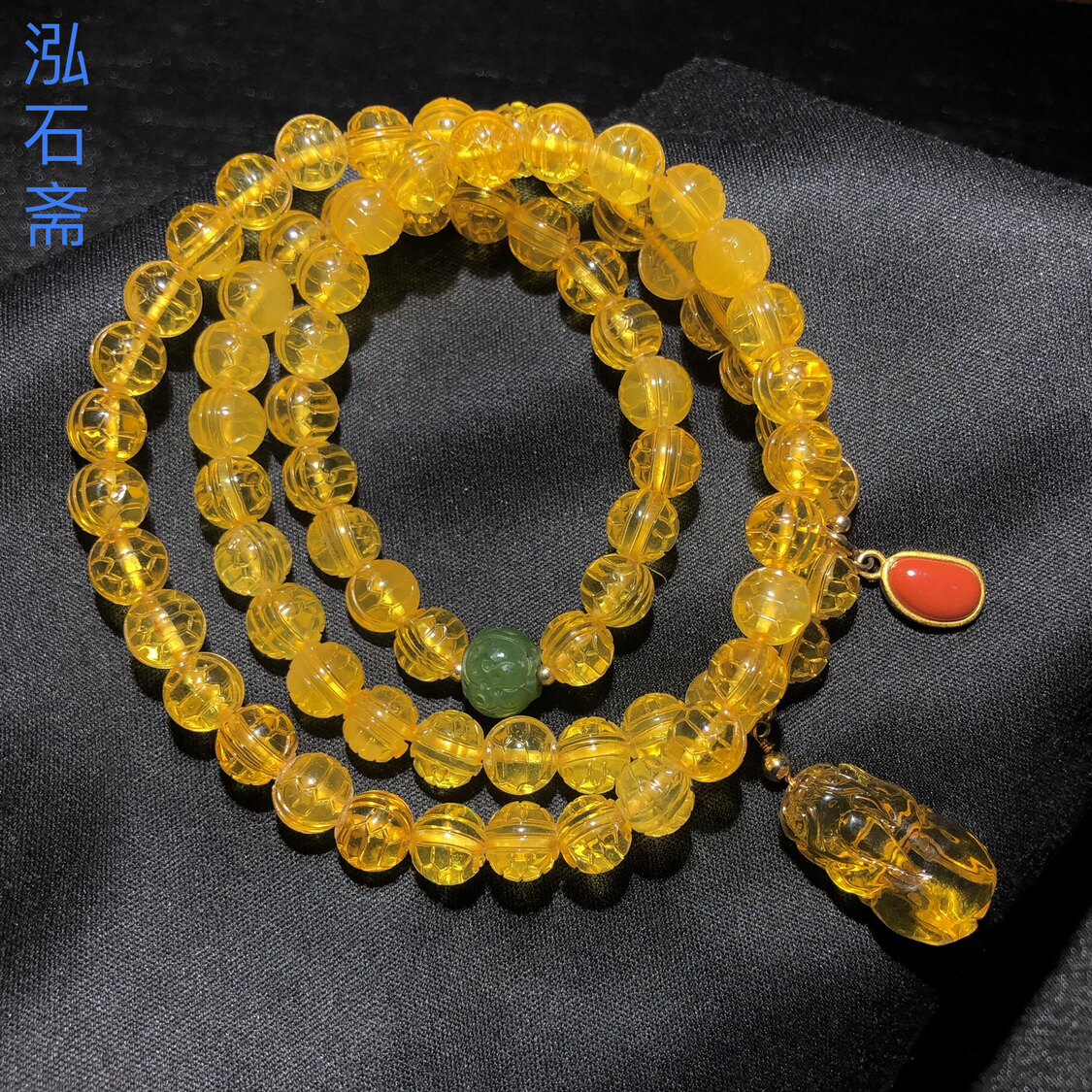 1A801 天然金珀富甲三圈手链串琥珀净水多圈貔貅碧玉款7-8mm微瑕