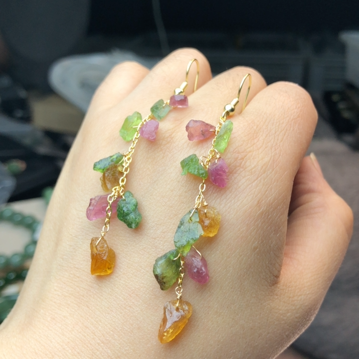 L868 天然碧玺原石耳坠流苏碎碎冰款彩色宝石6-9mm