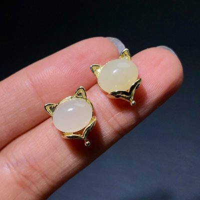 RR0173 天然和田玉狐狸耳钉冰清水耳饰礼物女10mm可爱款耳坠