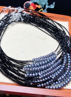 D188天然淡水黑珍珠锁骨链项链女黑尖晶石炫彩金属光微笑链6mm