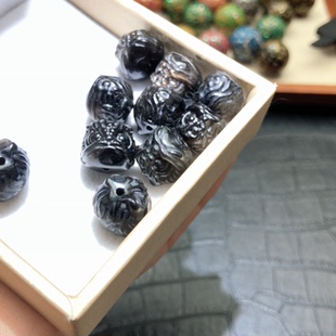 天然黑曜石散珠单珠12-14mm醒狮雕刻配件金
