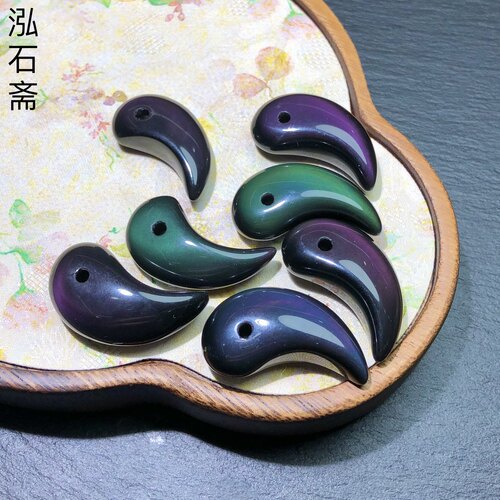 XX0760 天然彩虹眼黑曜石勾玉吊坠28-34mm月牙狼牙情侣挂件