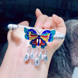 AA0050 足银999手镯开口时尚蝴蝶珐琅手镯纯银盘缠烤蓝首饰礼物