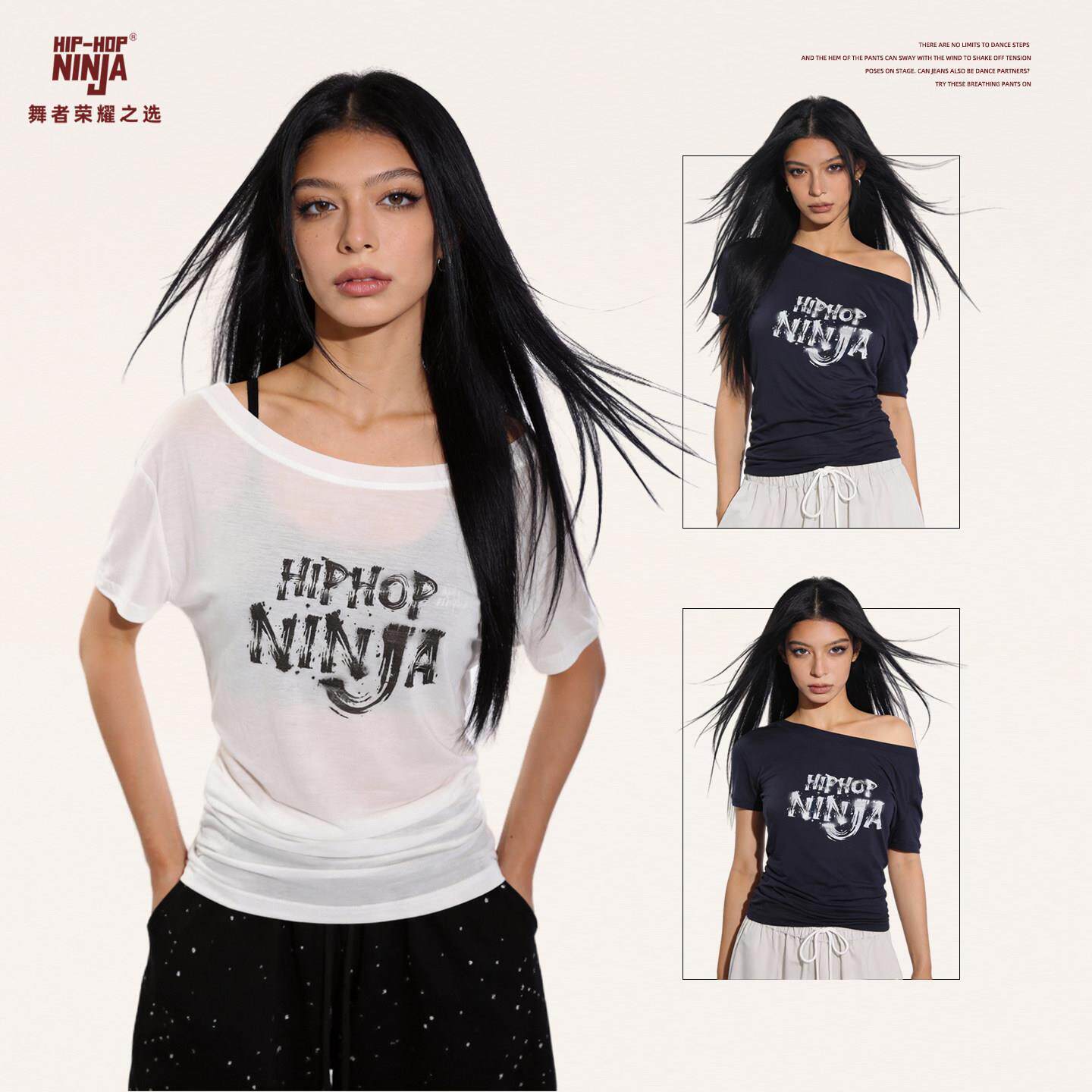 HIPHOP NINJA夏季微透字母印花斜肩短袖T恤衫女跳爵士舞宽松上衣
