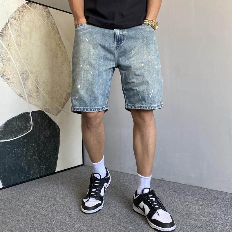 夏季美式休闲痞帅水洗复古泼墨牛仔短裤男宽松百搭大码五分裤子潮