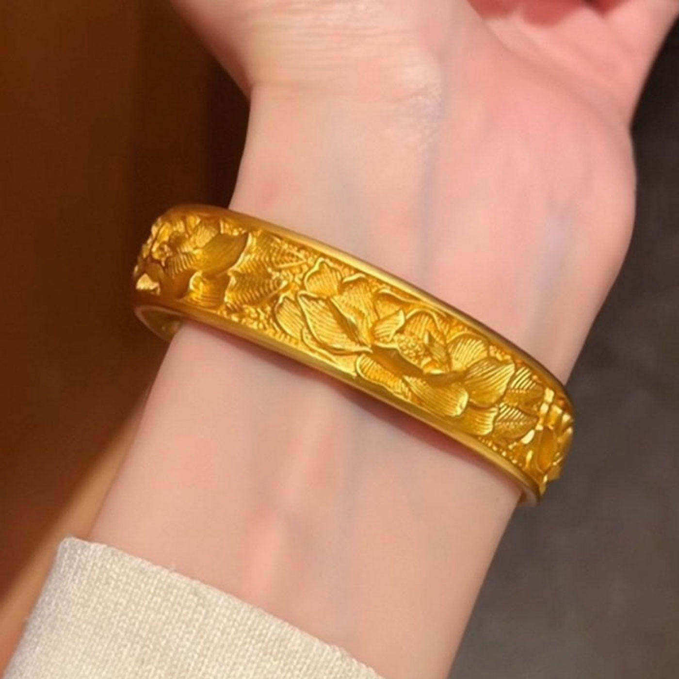 宽版牡丹花沙金手镯仿真黄金实心轮胎复古花朵新中式国风复古镯子