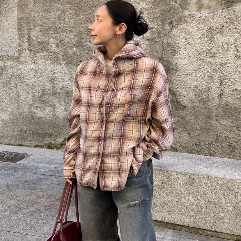 连帽抽绳口袋格子宽松衬衫