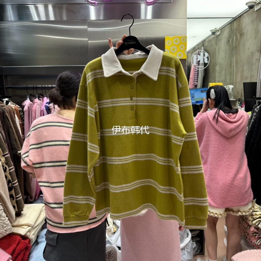 翻领休闲纽扣条纹字母宽松T恤