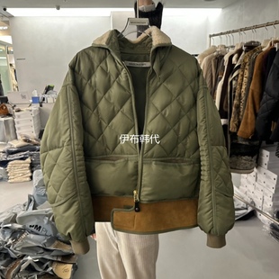 DOUBLE STANDARD东大门代购冬款 翻领羊羔毛拼接菱形羽绒服眼外套