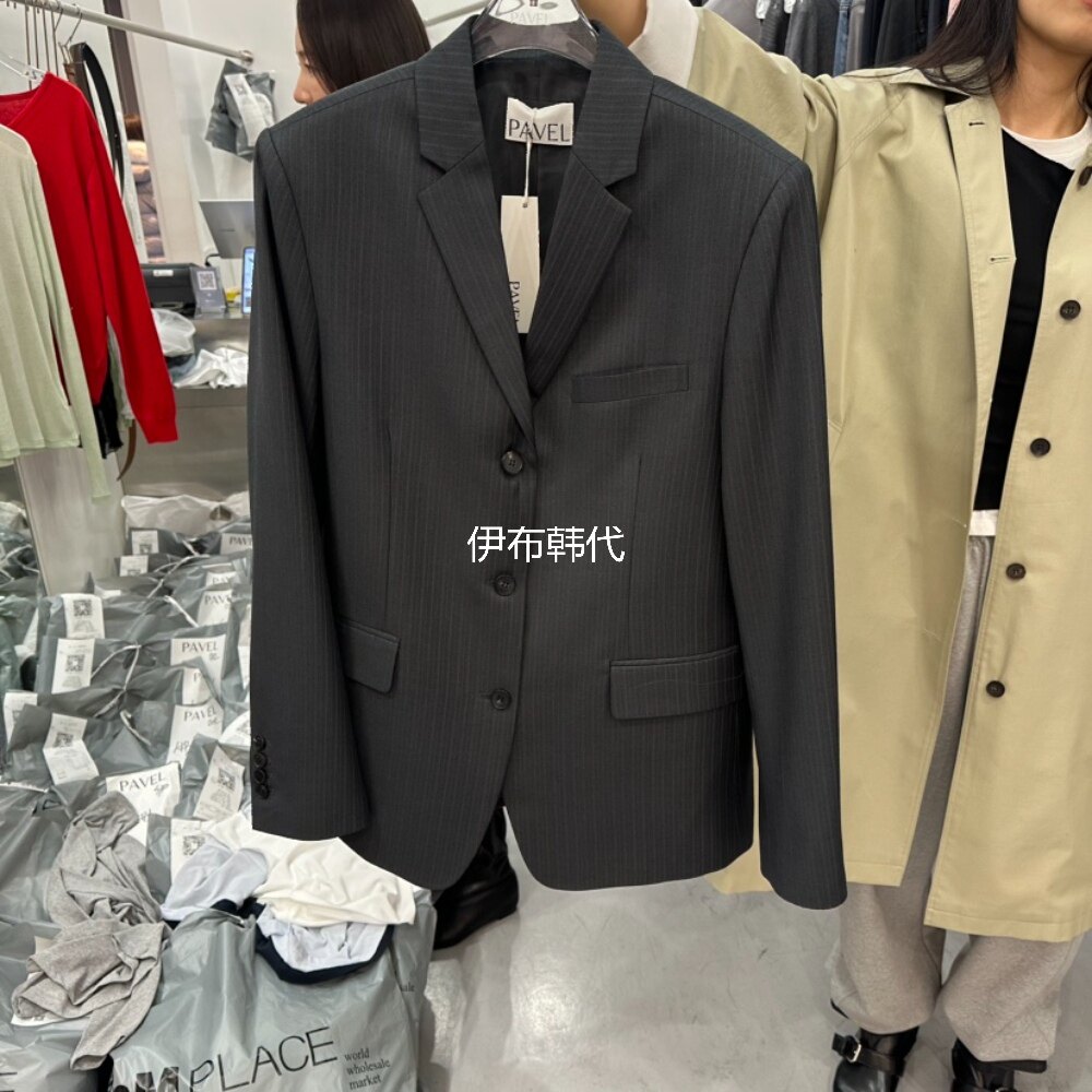 PAVEL韩国东大门正品代购26春款 西服领竖纹气质西服西装外套