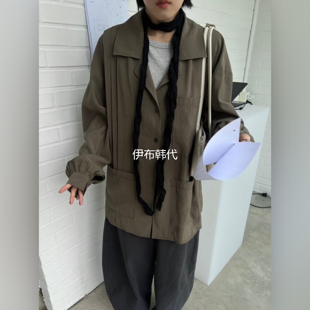 伊布 韩国东大门正品代购26秋款 翻领休闲多口袋褶皱宽松衬衫
