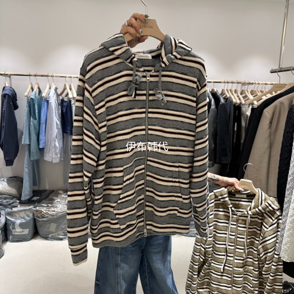CONNAUGHT韩国东大门正品代购26春 连帽休闲条纹拉链宽松卫衣外套