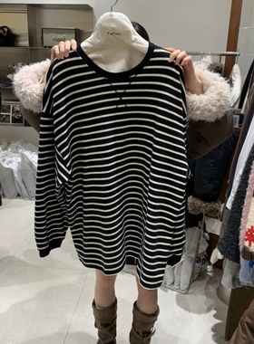 TEMPTING韩国东大门正品代购25冬款 圆领休闲条纹简约宽松T恤女