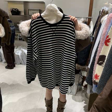 TEMPTING韩国东大门正品代购25冬款 圆领休闲条纹简约宽松T恤女