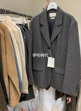 JINSIM韩国东大门正品代购25秋 翻领西服领气质纯色羊毛西装外套