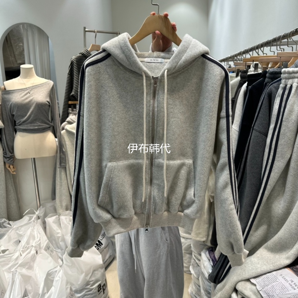 连帽拉链袖子条纹加绒卫衣外套