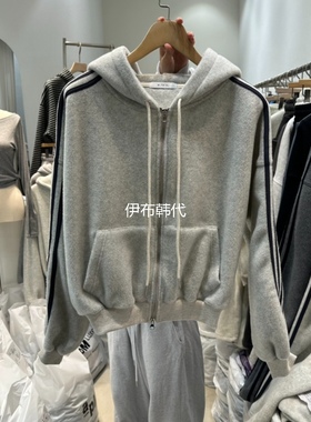 W.FATAL韩国东大门代购25冬款 连帽抽绳拉链袖子条纹加绒卫衣外套