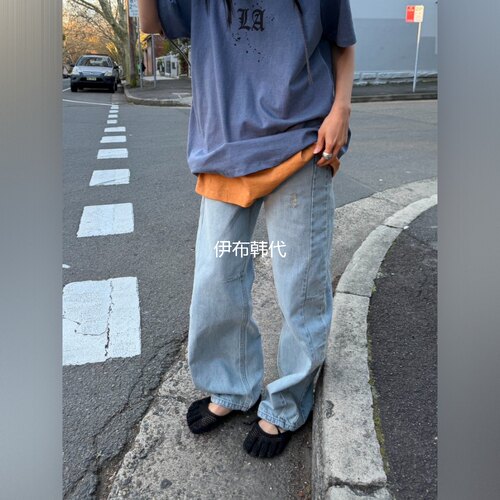 纯色休闲浅色直筒裤牛仔裤