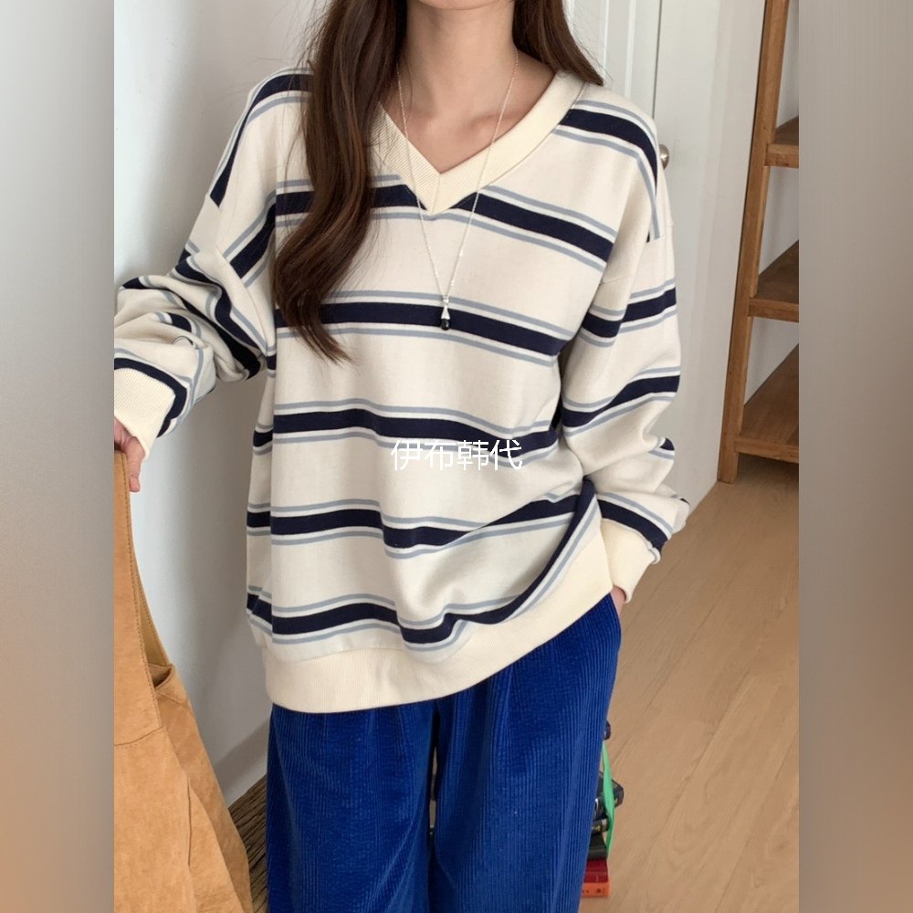 PLANTS ON GRAY韩国东大门代购26春 V领简约条纹休闲加绒宽松卫衣,女装/女士精品,卫衣/绒衫,淘宝优惠券,粉丝福利购,淘宝优惠卷