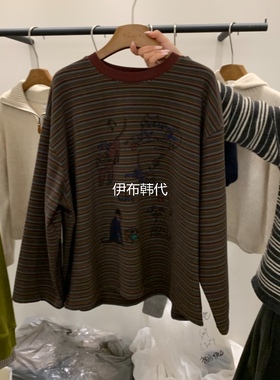 SIERRA韩国东大门正品代购26春款 圆领休闲条纹涂鸦卡通长袖T恤