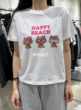 VANTA韩国东大门正品代购26夏款 圆领休闲卡通小猫字母短袖T恤