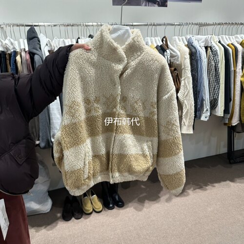 立领条纹仿羊羔毛保暖短外套