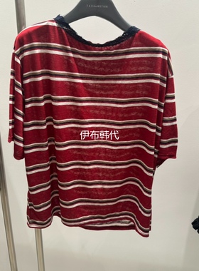 TARABY MOTION韩国东大门正品代购26夏 圆领蕾丝飞边条纹宽松T恤