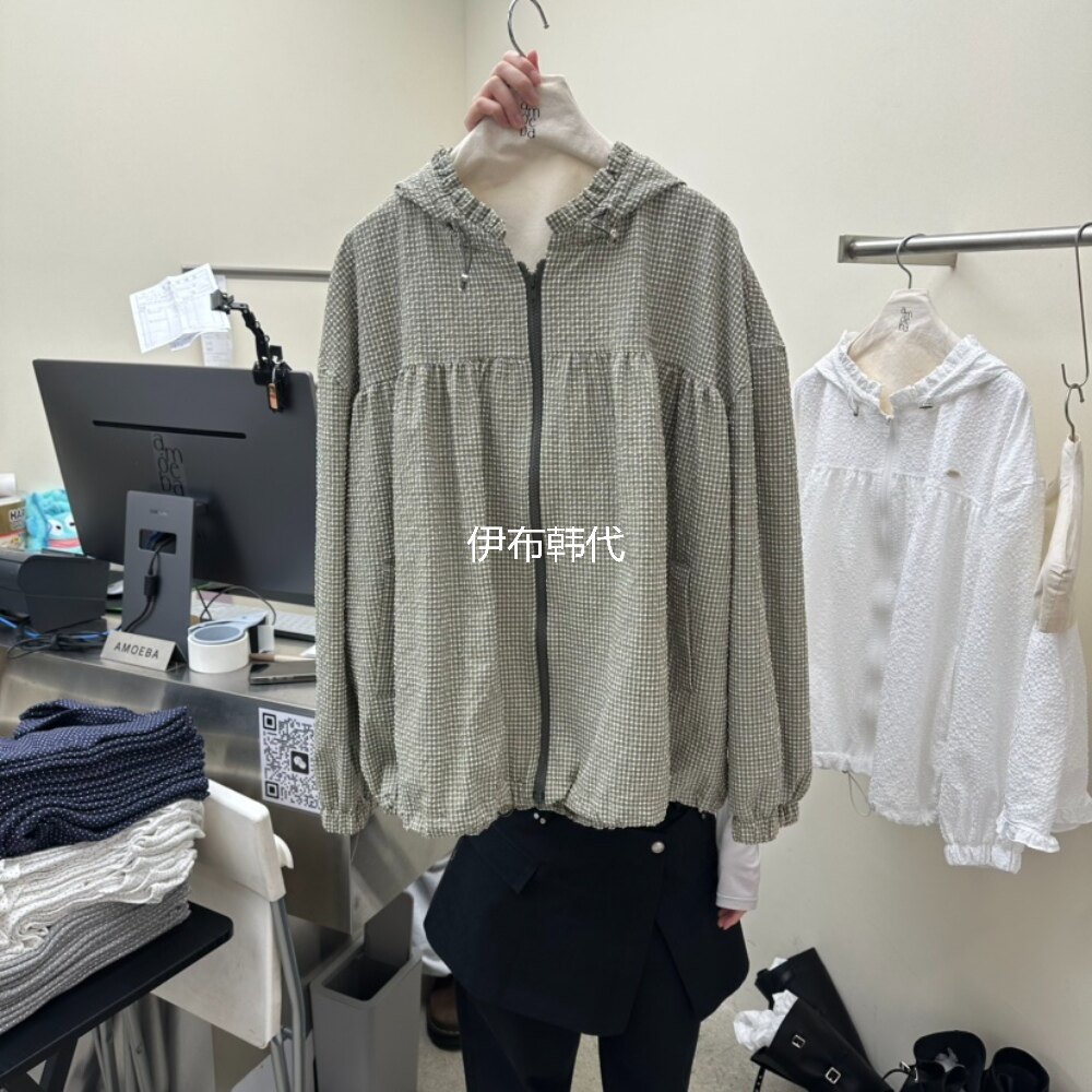 AMOEBA韩国东大门正品代购26春款 连帽小格子木耳边拉链夹克外套