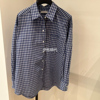 翻领休闲格子宽松气质蓝衬衫