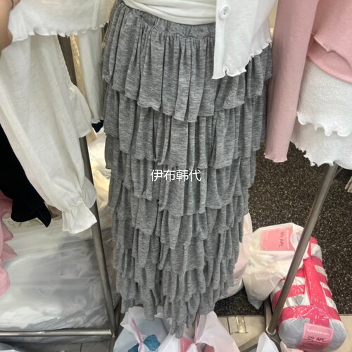 松紧腰纯色层叠荷叶边半裙长裙