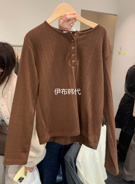 TAFFETA韩国东大门正品代购25冬 圆领休闲纽扣螺纹棉休闲打底T恤