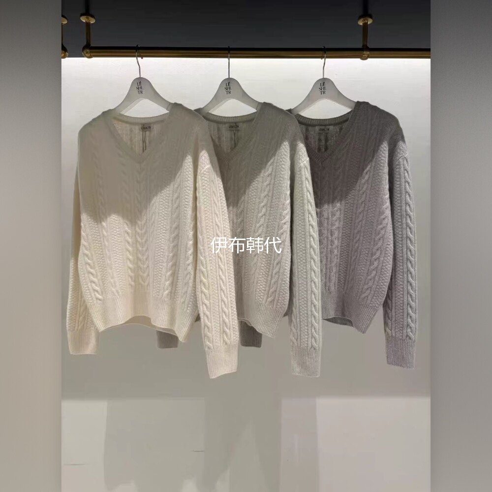 LESHLTR韩国东大门正品代购26秋款 V领麻花纹简约套头毛衣针织衫