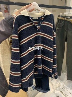 RUMIRU/AWEAR韩国东大门正品代购25秋款 翻领纽扣条纹磨毛针织衫
