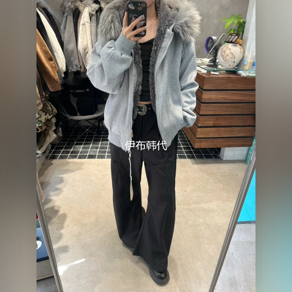 KSUBI韩国东大门正品代购25冬款 连帽毛领毛绒内里加绒卫衣外套