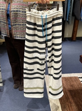 FURE韩国东大门正品代购25冬款 松紧腰休闲宽条纹直筒裤卫裤