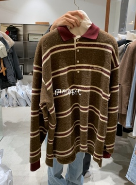 TEMPTING韩国东大门正品代购25冬款 翻领条纹纽扣磨毛宽松长袖T恤