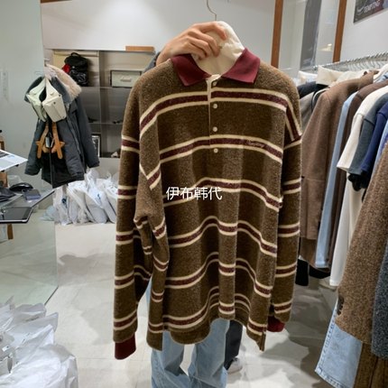 TEMPTING韩国东大门正品代购25冬款 翻领条纹纽扣磨毛宽松长袖T恤