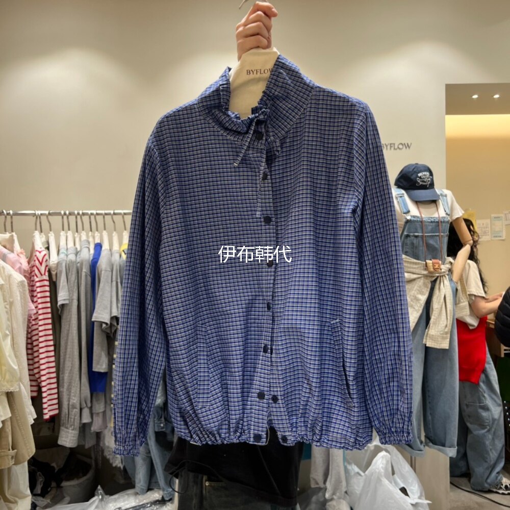 BY FLOW韩国东大门代购26春款 立领小格子抽绳休闲纽扣短外套夹克