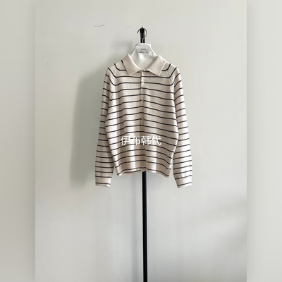 翻领休闲多纽扣条纹套头针织衫